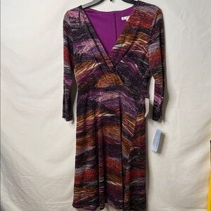 NWT London Times v chest striped glitter long sleeve midi dress sz 6P petite